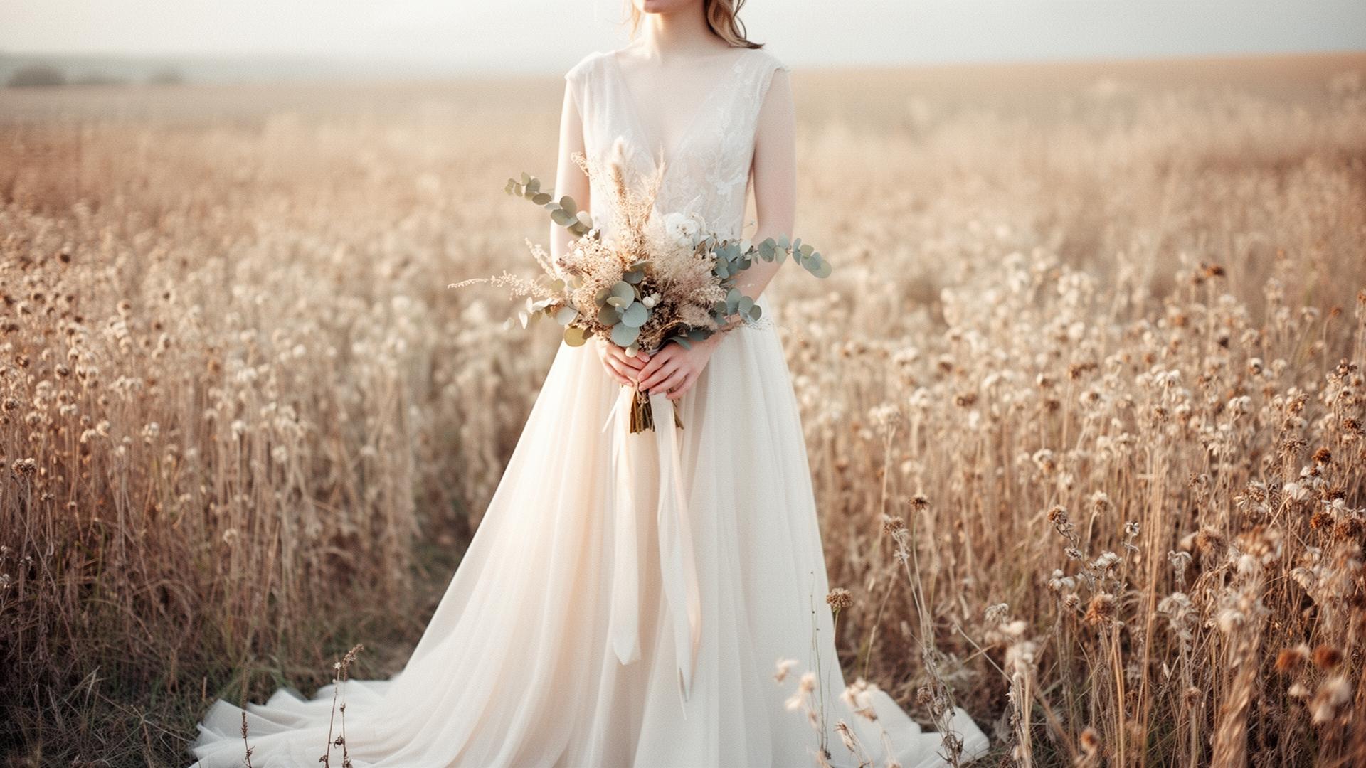 Sposa in un campo di fiori secchi con bouquet di botaniche essiccate